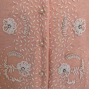 Vintage 1950's Pink Angora Nylon Wool Beaded Rhinestone Pearl Pinup Sweater